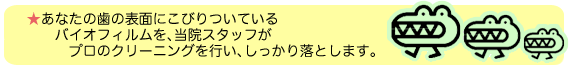 あなたの歯の表面にこびりついているバイオフィルムを、当院スタッフがプロのクリーニングを行い、しっかり落とします。